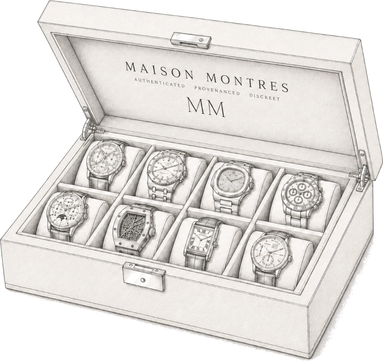 A Maison Montres watch case — eight curated timepieces in a hand-drawn editorial illustration
